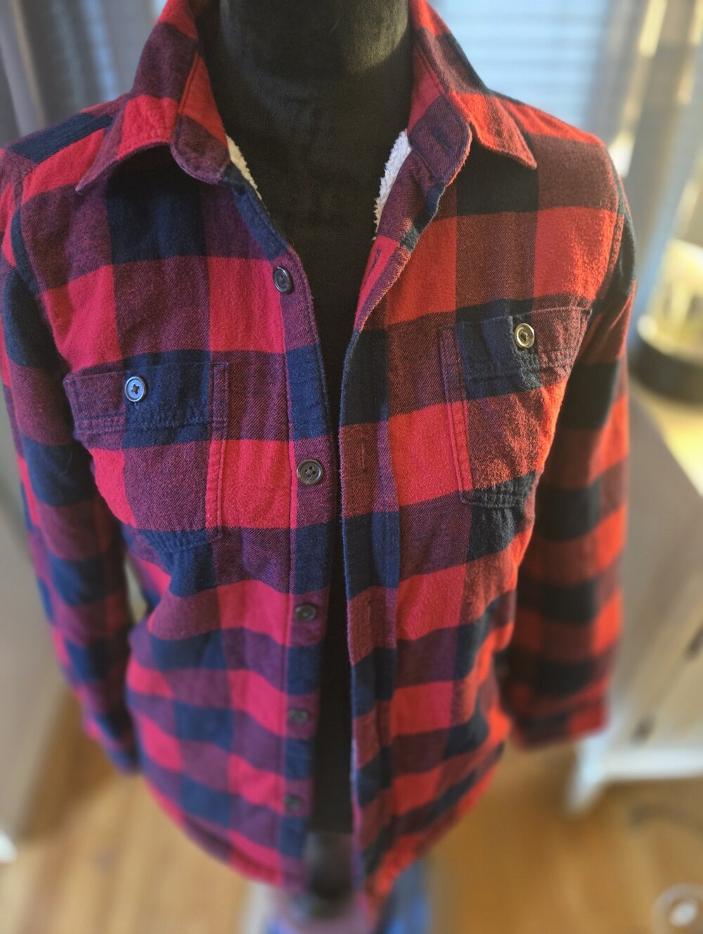 Land's End Boys Red and Black Plaid Flannel Shirt Jacket